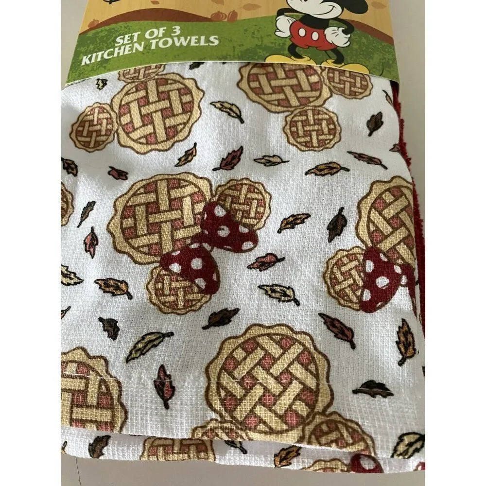 3 Pack Disney Mickey Minnie Mouse Autumn Fall Pie Leaves Kitchen Towels 16 X 26”